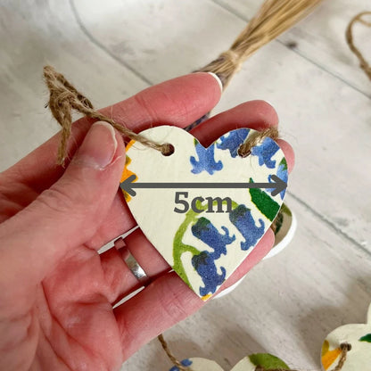 Spring Themed Wooden Mini Heart Bunting Garland. Emma Bridgewater Bluebell and Celandine Decoupaged