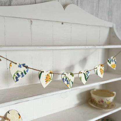 Spring Themed Wooden Mini Heart Bunting Garland. Emma Bridgewater Bluebell and Celandine Decoupaged