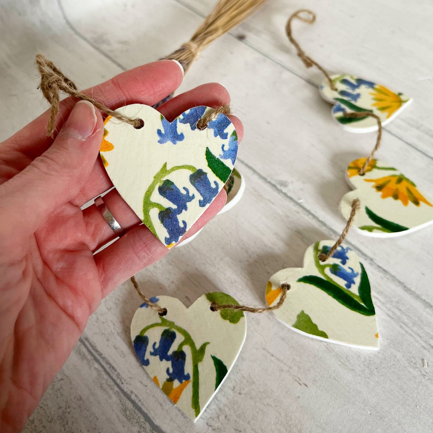 Spring Themed Wooden Mini Heart Bunting Garland. Emma Bridgewater Bluebell and Celandine Decoupaged