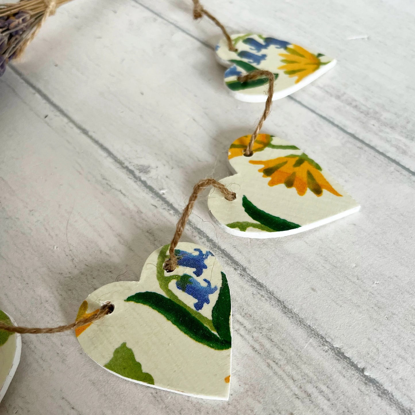 Spring Themed Wooden Mini Heart Bunting Garland. Emma Bridgewater Bluebell and Celandine Decoupaged