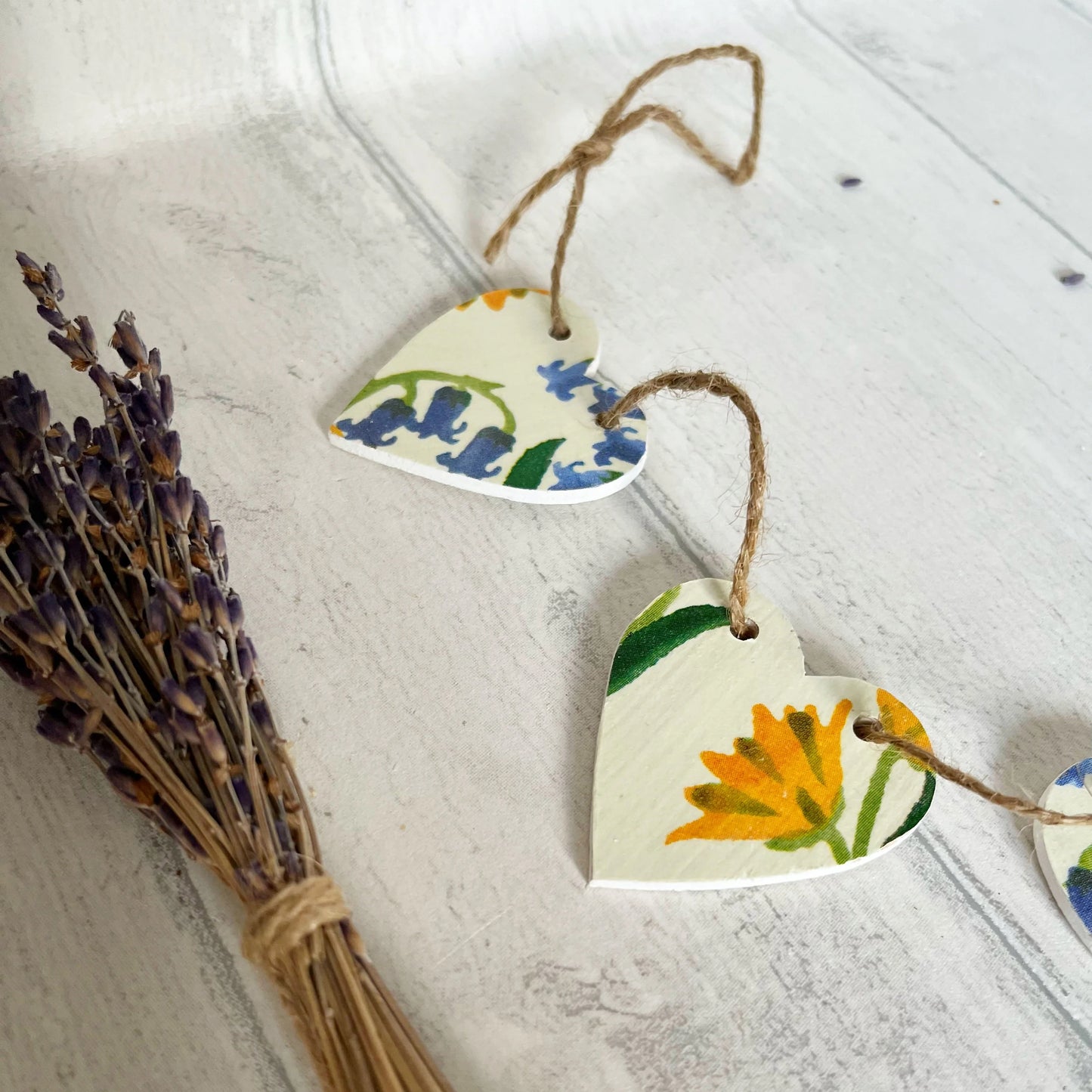 Spring Themed Wooden Mini Heart Bunting Garland. Emma Bridgewater Bluebell and Celandine Decoupaged