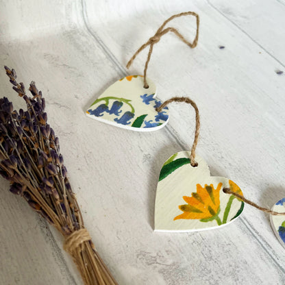 Spring Themed Wooden Mini Heart Bunting Garland. Emma Bridgewater Bluebell and Celandine Decoupaged