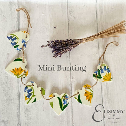 Spring Themed Wooden Mini Heart Bunting Garland. Emma Bridgewater Bluebell and Celandine Decoupaged