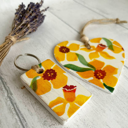 Daffodil Wooden Heart and Key Fob Gift Set Decoupaged Emma Bridgewater Daffodils