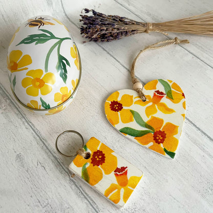 Daffodil Wooden Heart and Key Fob Gift Set Decoupaged Emma Bridgewater Daffodils