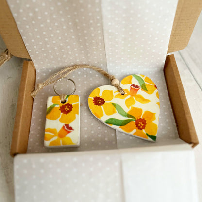 Daffodil Wooden Heart and Key Fob Gift Set Decoupaged Emma Bridgewater Daffodils