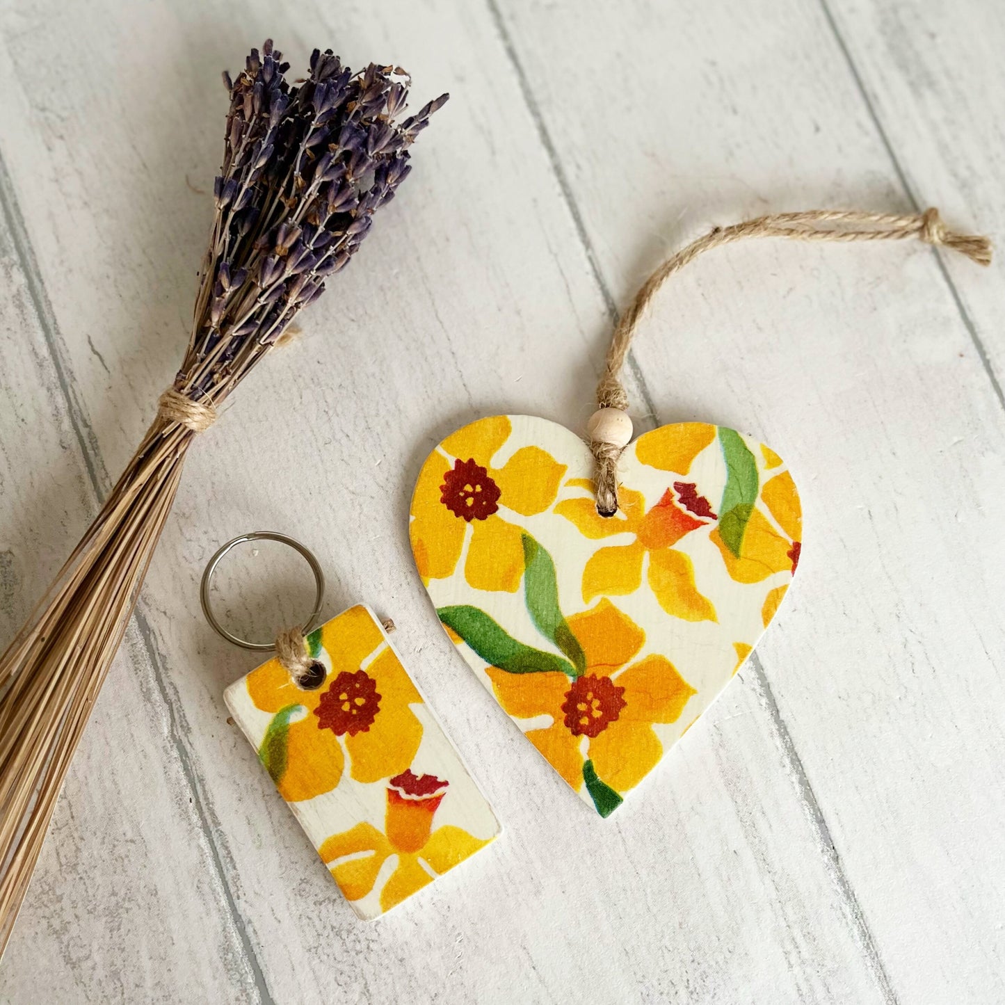 Daffodil Wooden Heart and Key Fob Gift Set Decoupaged Emma Bridgewater Daffodils