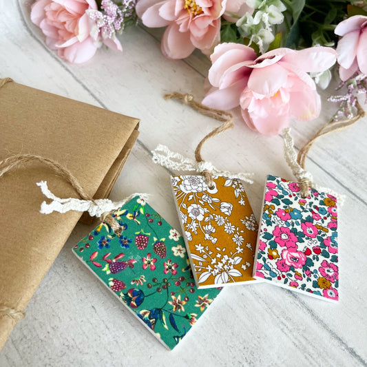 Handmade Wooden Gift Tags Decoupaged in Liberty of London Tana Lawn Fabrics