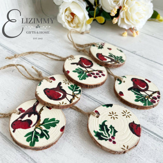 Christmas Robin Rustic Wood Slice Christmas Tree Decorations Set of 6 Emma Bridgewater Design