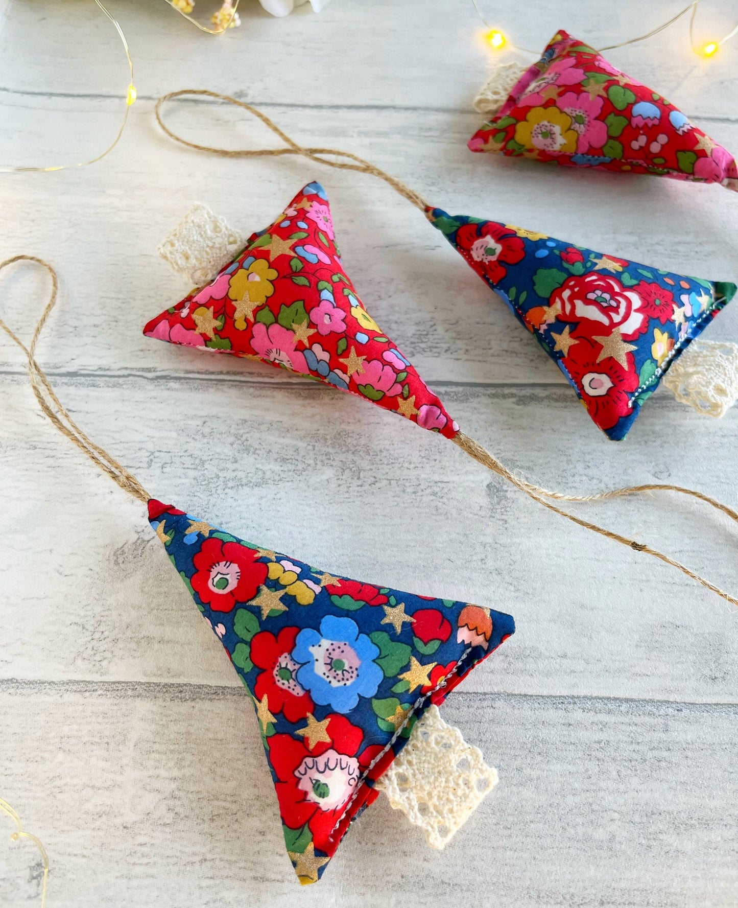 Christmas Tree Decorations Handmade in Liberty Betsy Star Fabric. Set of 2 or 4
