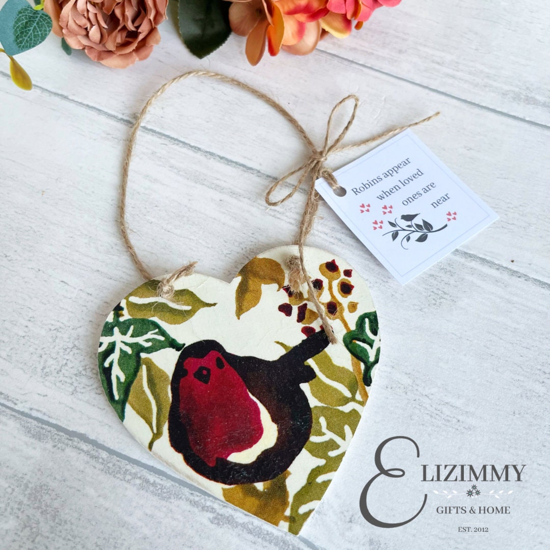Robin Wooden Hanging Heart Gift With Sympathy Bereavement Memory Gift