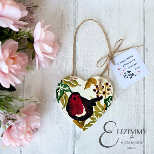 Robin Wooden Hanging Heart Gift With Sympathy Bereavement Memory Gift