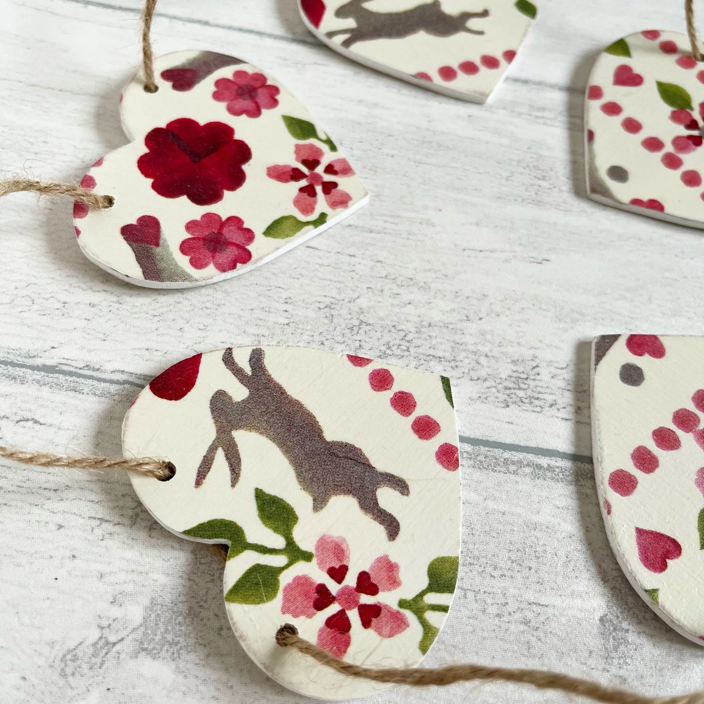 Valentines Easter Bunny Handmade Wooden Heart Bunting Garland. Emma Bridgewater Love Birds Design Decoupaged