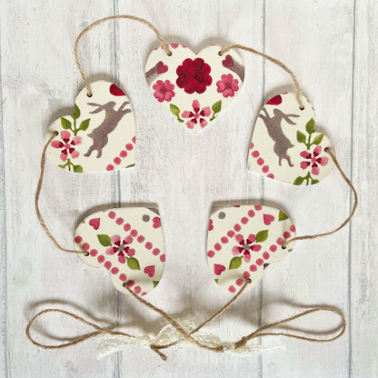 Valentines Easter Bunny Handmade Wooden Heart Bunting Garland. Emma Bridgewater Love Birds Design Decoupaged