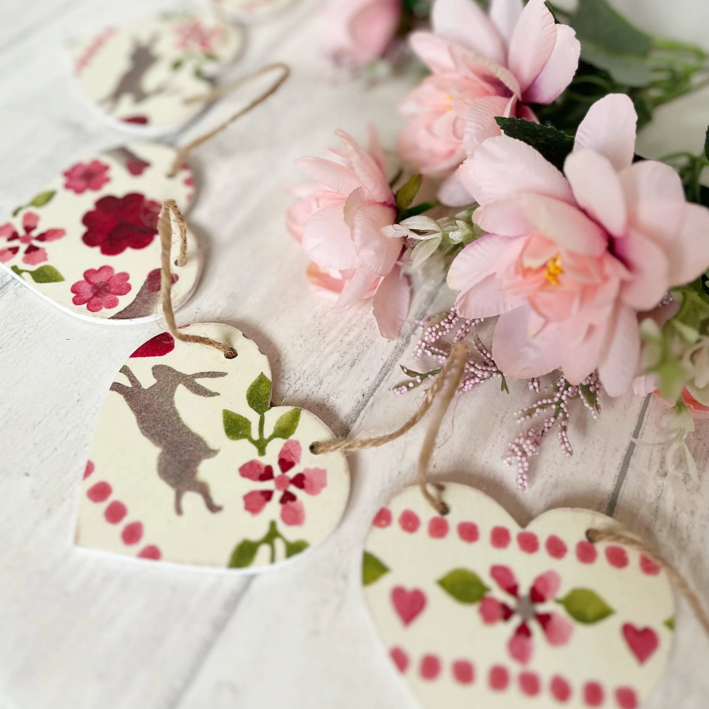 Valentines Easter Bunny Handmade Wooden Heart Bunting Garland. Emma Bridgewater Love Birds Design Decoupaged