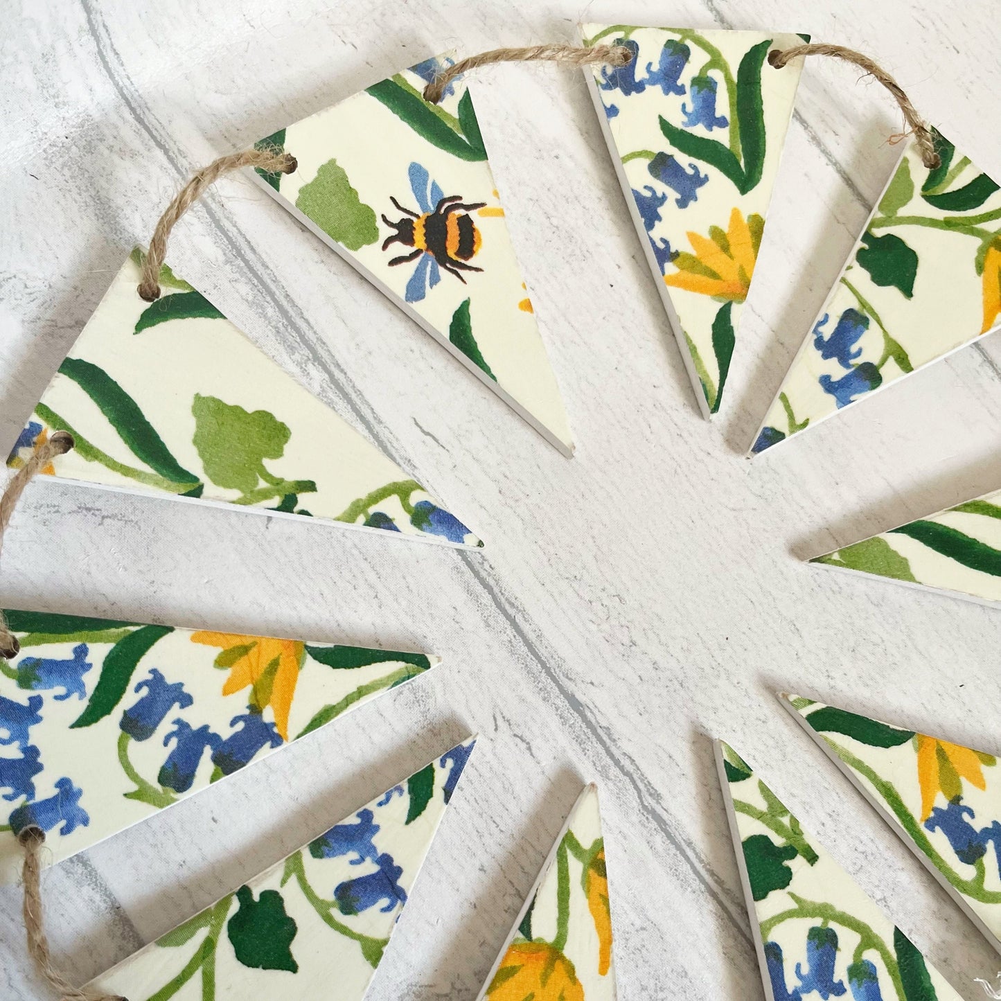Spring Summer Themed Wooden Handmade Bunting. Emma Bridgewater Bluebell and Celandine Floral Design