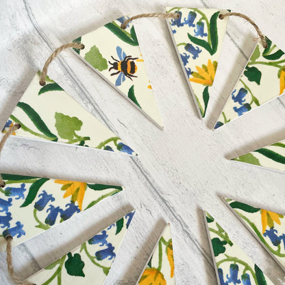 Spring Summer Themed Wooden Handmade Bunting. Emma Bridgewater Bluebell and Celandine Floral Design