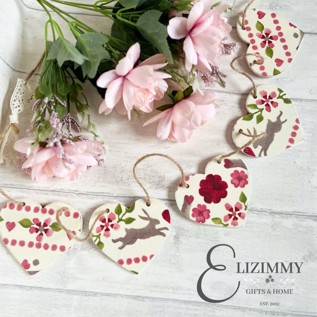 Valentines Easter Bunny Handmade Wooden Heart Bunting Garland. Emma Bridgewater Love Birds Design Decoupaged