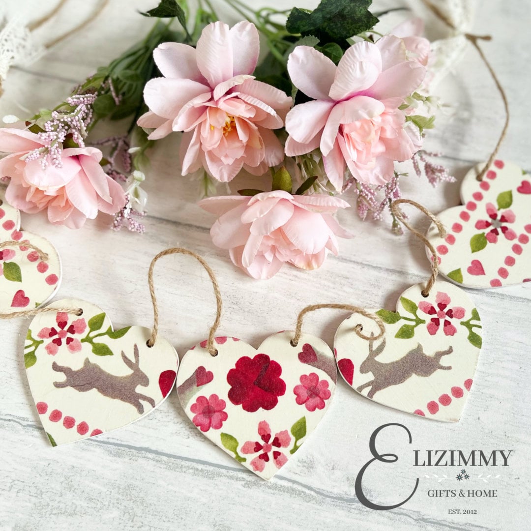Valentines Easter Bunny Handmade Wooden Heart Bunting Garland. Emma Bridgewater Love Birds Design Decoupaged