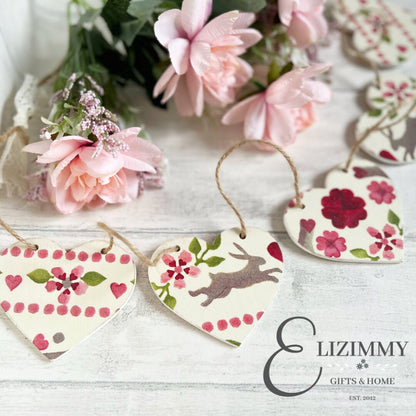 Valentines Easter Bunny Handmade Wooden Heart Bunting Garland. Emma Bridgewater Love Birds Design Decoupaged