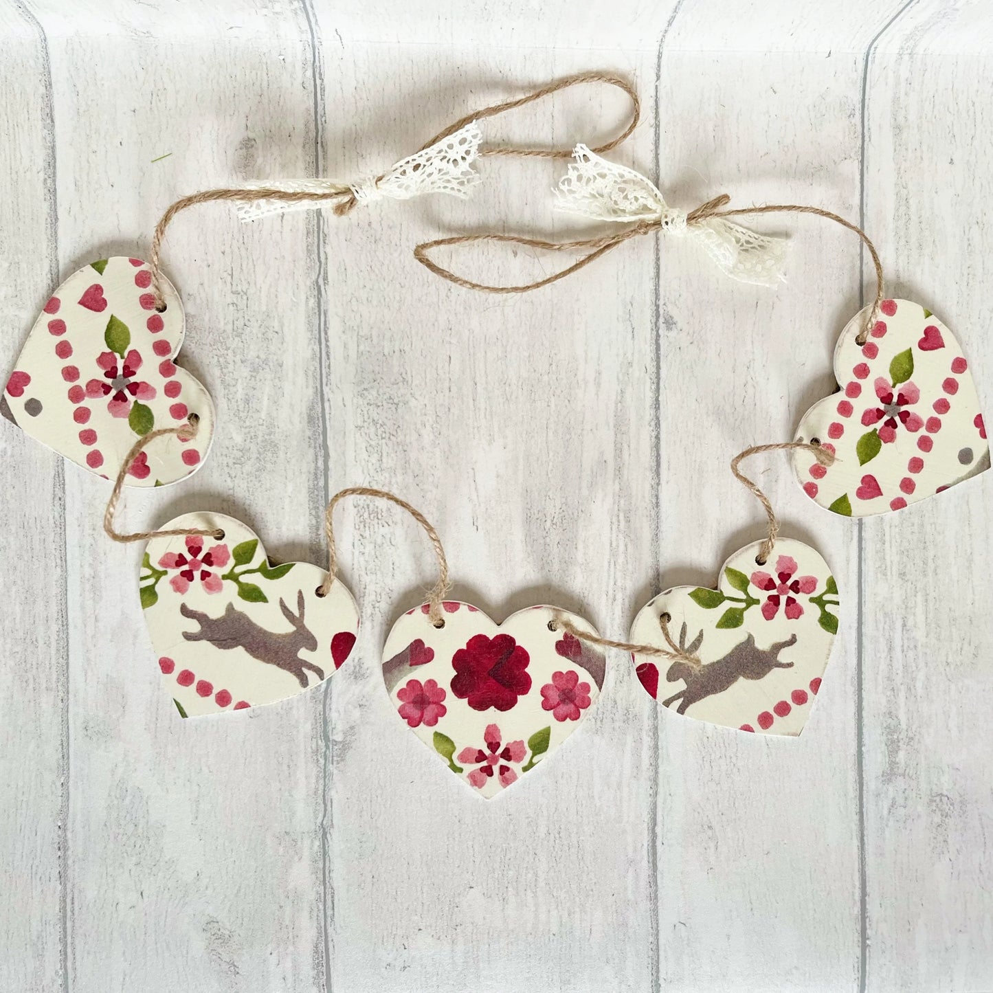 Valentines Easter Bunny Handmade Wooden Heart Bunting Garland. Emma Bridgewater Love Birds Design Decoupaged