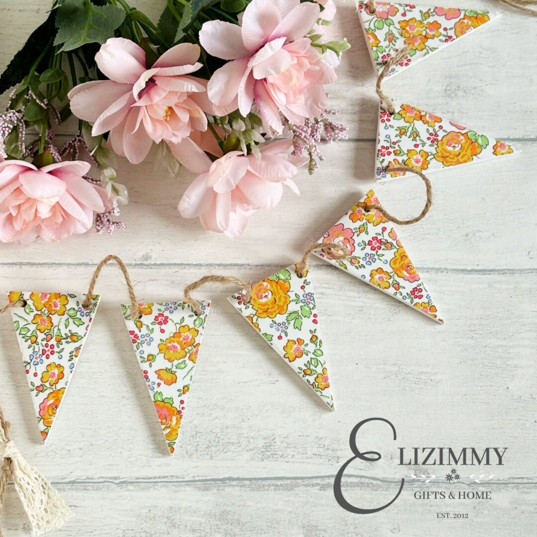 Liberty of London Wooden Bunting. Felicite Yellow Tana Lawn Fabric Decoupaged Bunting