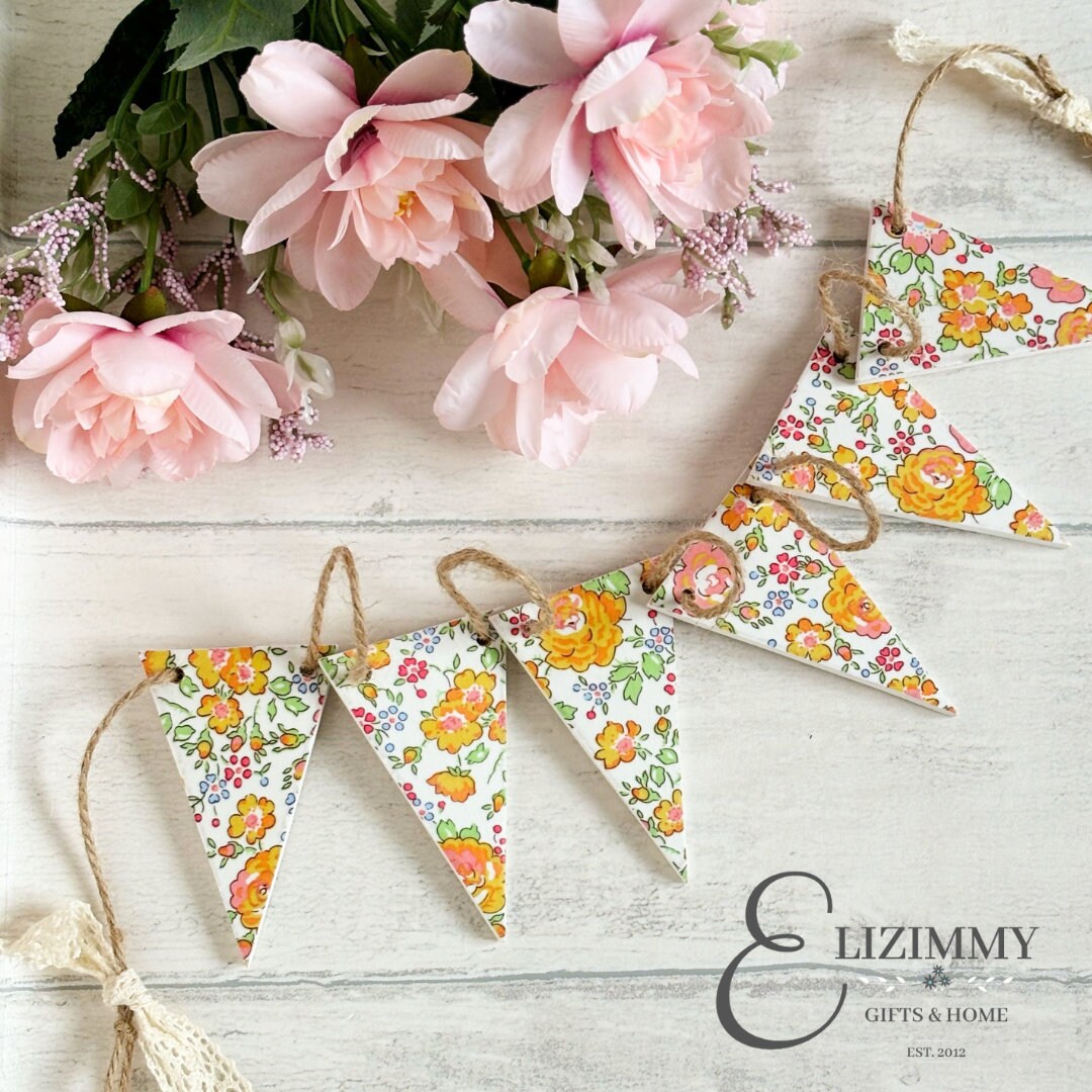 Liberty of London Wooden Bunting. Felicite Yellow Tana Lawn Fabric Decoupaged Bunting