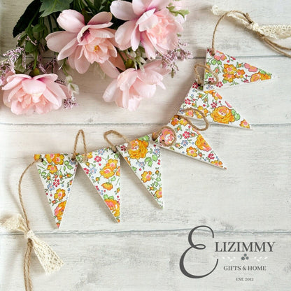 Liberty of London Wooden Bunting. Felicite Yellow Tana Lawn Fabric Decoupaged Bunting