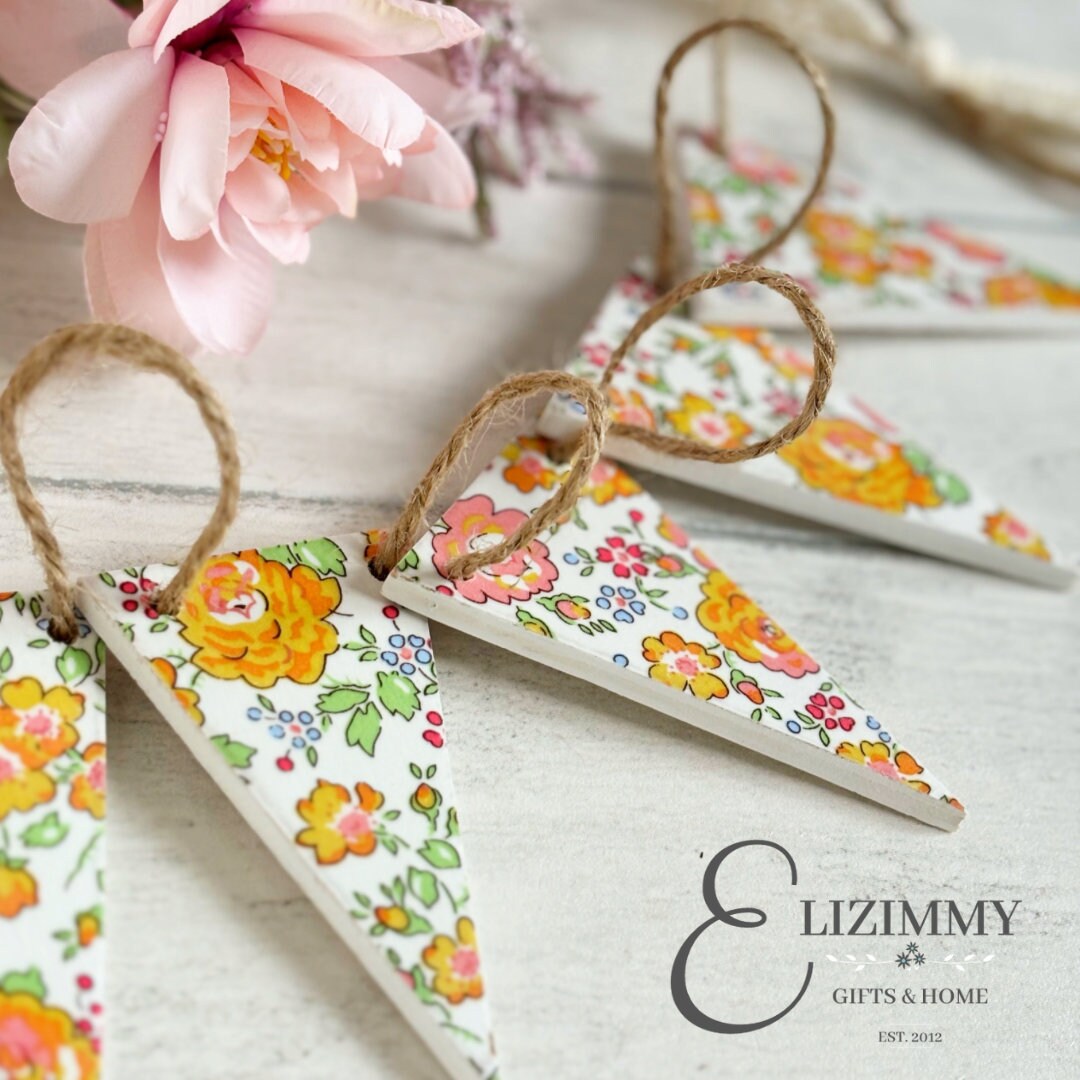 Liberty of London Wooden Bunting. Felicite Yellow Tana Lawn Fabric Decoupaged Bunting
