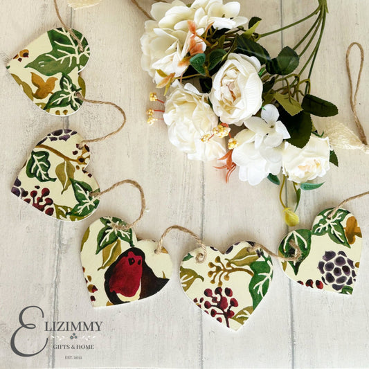 Robin and Ivy Autumn Winter Themed Heart Bunting. Wooden Heart Garland Emma Bridgewater Ivy Decoupaged