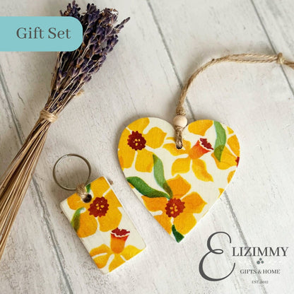 Daffodil Wooden Heart and Key Fob Gift Set Decoupaged Emma Bridgewater Daffodils