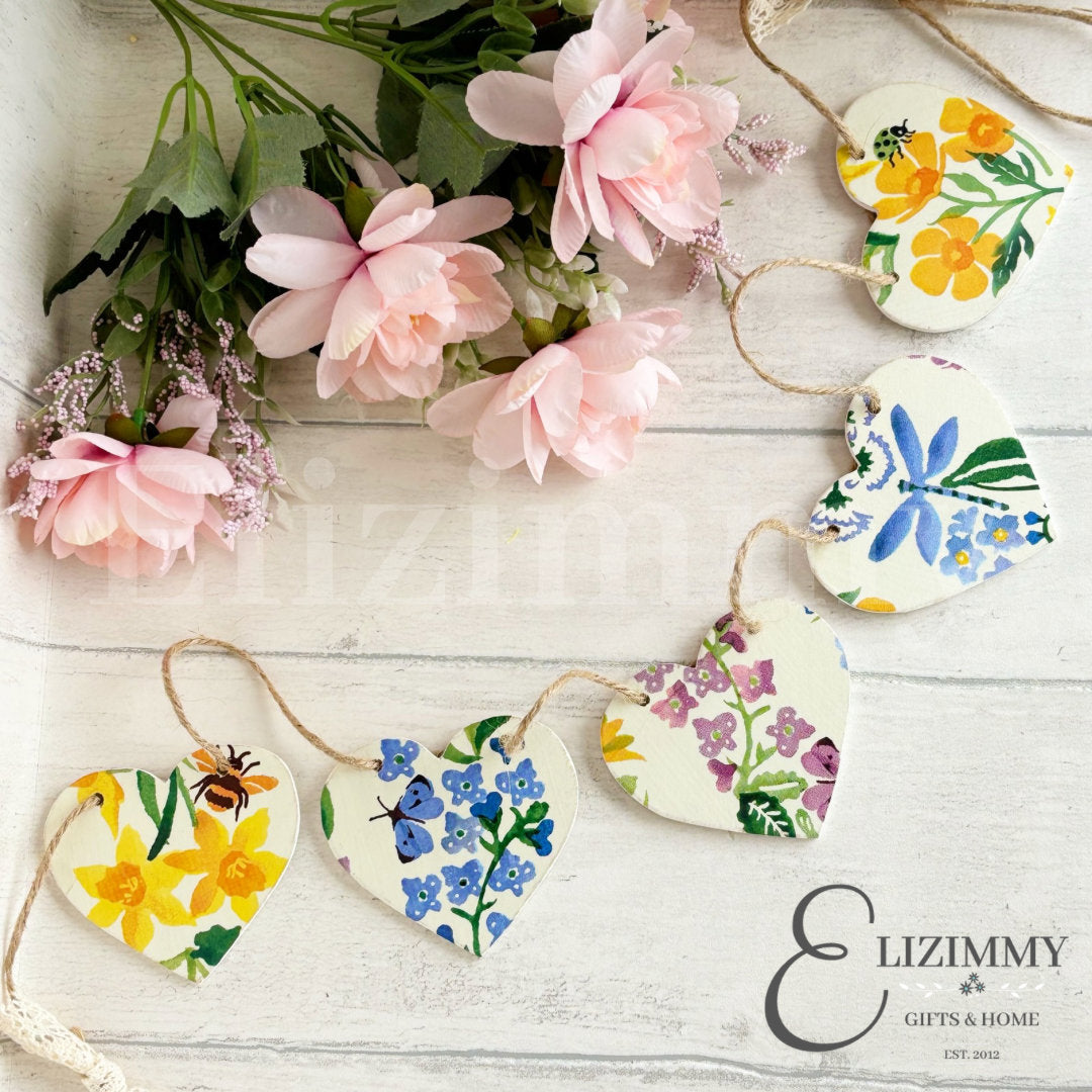 Handmade Wooden Floral Heart Bunting Garland Decoupaged in Emma Bridgewater Wildflowers