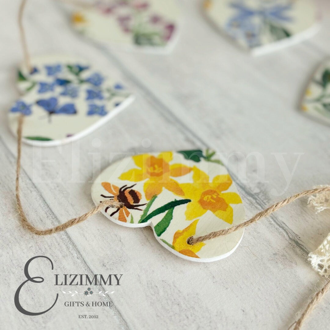 Handmade Wooden Floral Heart Bunting Garland Decoupaged in Emma Bridgewater Wildflowers