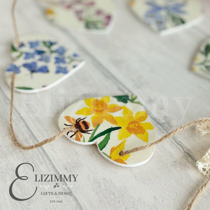 Handmade Wooden Floral Heart Bunting Garland Decoupaged in Emma Bridgewater Wildflowers