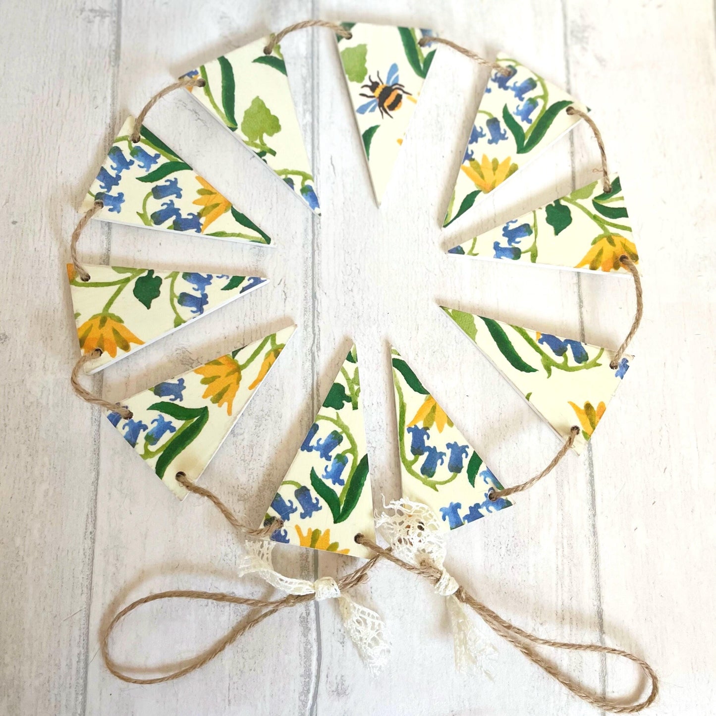 Spring Summer Themed Wooden Handmade Bunting. Emma Bridgewater Bluebell and Celandine Floral Design