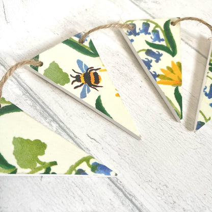 Spring Summer Themed Wooden Handmade Bunting. Emma Bridgewater Bluebell and Celandine Floral Design