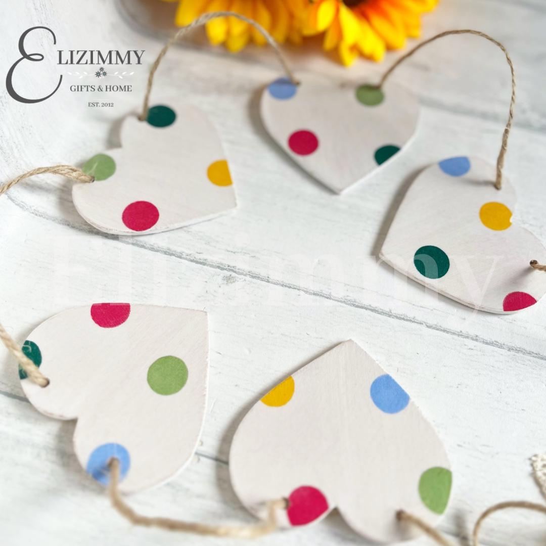 Handmade Polka Dots Wooden Heart Bunting Garland. Decoupaged in Emma Bridgewater Polka Dot