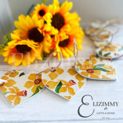 Handmade Daffodil Floral Wooden Bunting Heart Garland Decoupaged in Emma Bridgewater Daffodil Design.