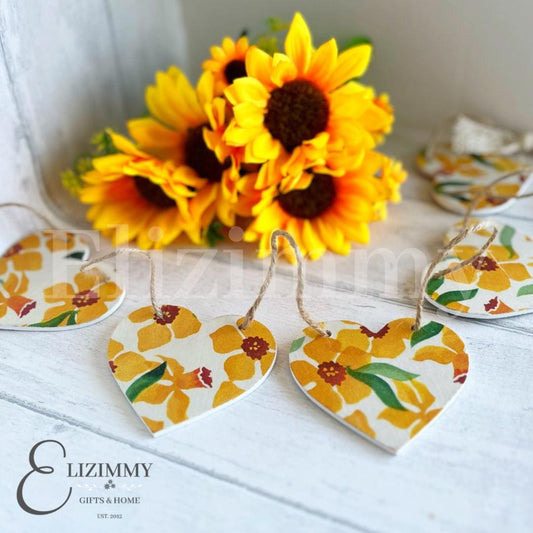 Handmade Daffodil Floral Wooden Bunting Heart Garland Decoupaged in Emma Bridgewater Daffodil Design.
