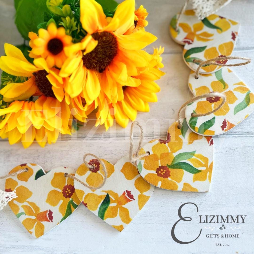 Handmade Daffodil Floral Wooden Bunting Heart Garland Decoupaged in Emma Bridgewater Daffodil Design.