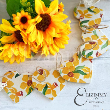 Handmade Daffodil Floral Wooden Bunting Heart Garland Decoupaged in Emma Bridgewater Daffodil Design.