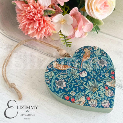 Liberty X William Morris Strawberry Thief Chunky Wooden Sage Green Hanging Heart Ornament