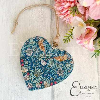 Liberty X William Morris Strawberry Thief Chunky Wooden Sage Green Hanging Heart Ornament