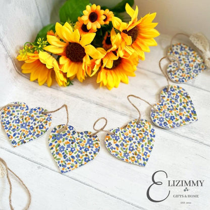 Handmade Ditsy Floral Bunting Wooden Heart Garland. Decoupaged in Emma Bridgewater Wildflower Meadow Design