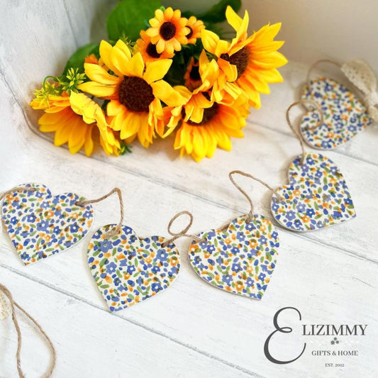 Handmade Ditsy Floral Bunting Wooden Heart Garland. Decoupaged in Emma Bridgewater Wildflower Meadow Design