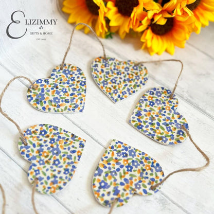 Handmade Ditsy Floral Bunting Wooden Heart Garland. Decoupaged in Emma Bridgewater Wildflower Meadow Design