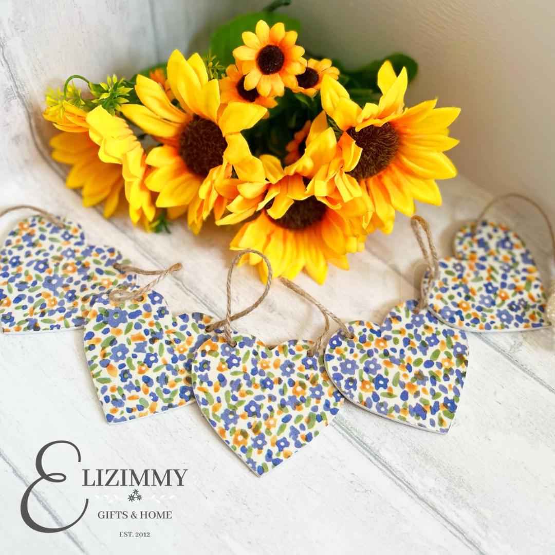 Handmade Ditsy Floral Bunting Wooden Heart Garland. Decoupaged in Emma Bridgewater Wildflower Meadow Design