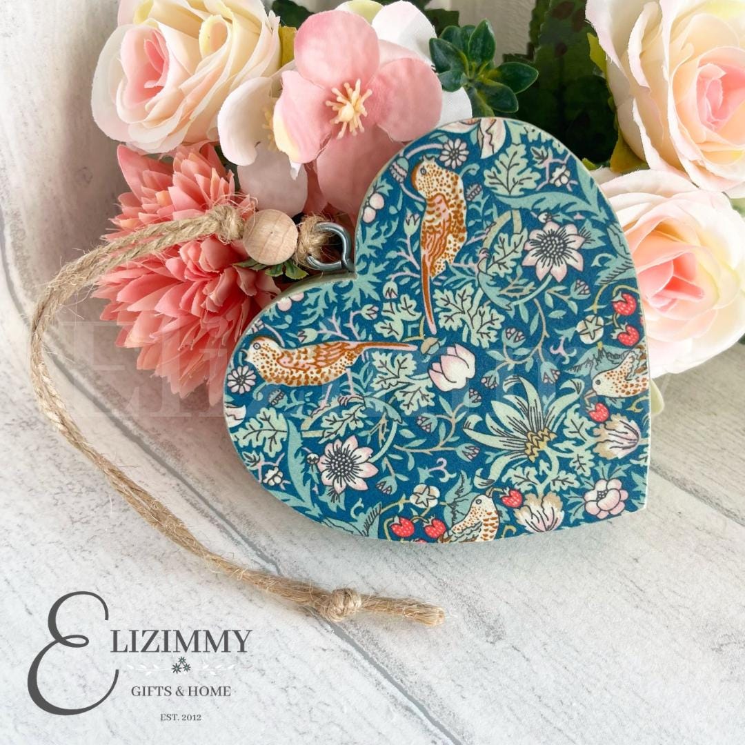 Liberty X William Morris Strawberry Thief Chunky Wooden Sage Green Hanging Heart Ornament