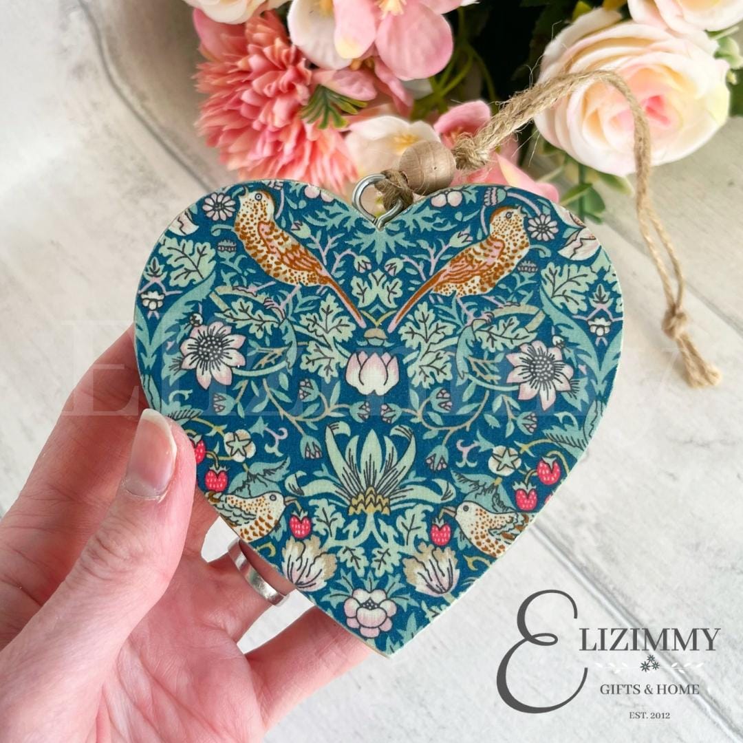 Liberty X William Morris Strawberry Thief Chunky Wooden Sage Green Hanging Heart Ornament