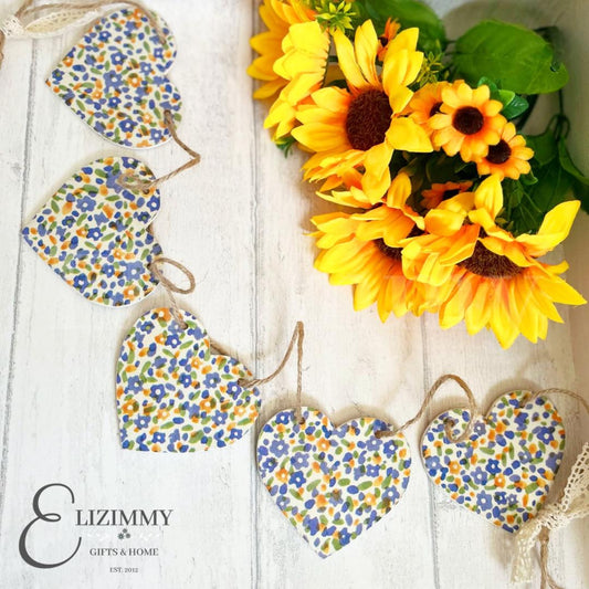 Handmade Ditsy Floral Bunting Wooden Heart Garland. Decoupaged in Emma Bridgewater Wildflower Meadow Design